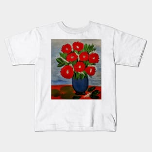 red poppies mixed with white flowers In a blue vase Kids T-Shirt